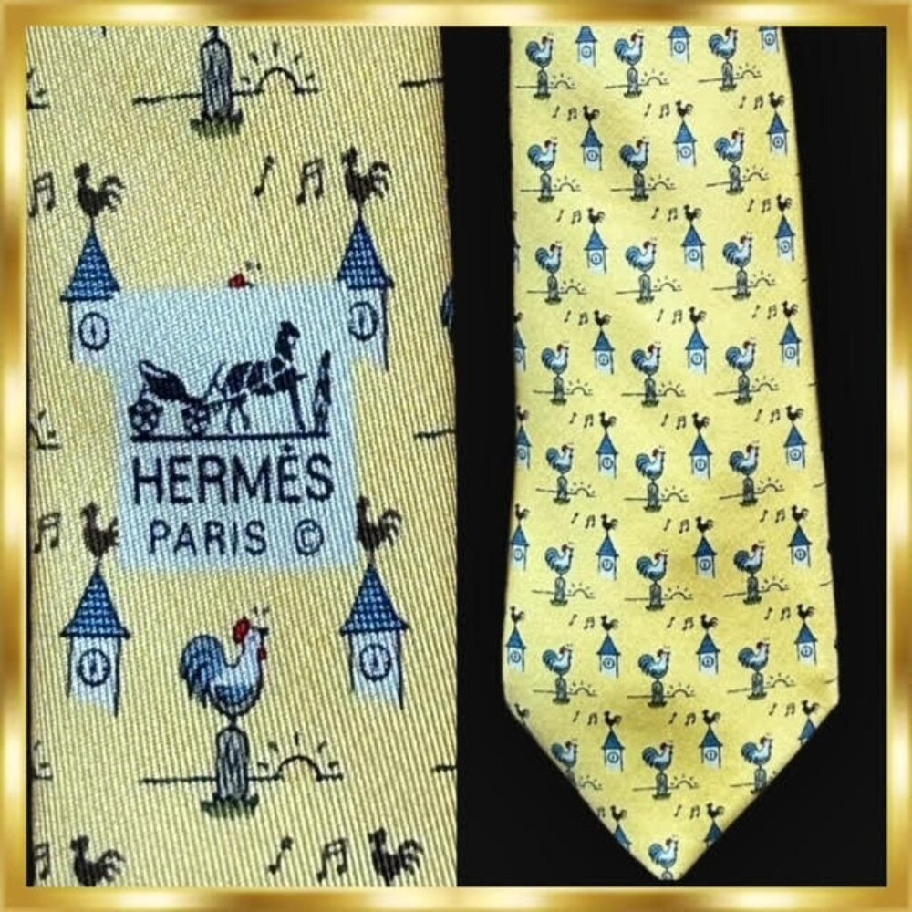 Hermes Mens Silk Necktie Bright Yellow Rooster 6 o' Clock Sunrise Print …